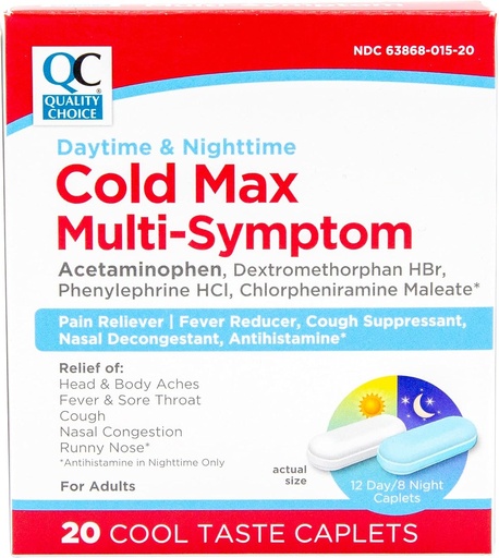 [BRSWGCY2DMMRECLD] Quality Choice Day & Night Cold Max Multi-Symptom, Cold & Flu Medicine, Pain Reliever, Fevers Reduceer, Caugh Suppressant, Nasal Decongestant, 24 часа Relief Cool Taste Capets