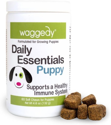 [BRSWGBI6DIMAIETL] waggedy Daily Essentials Puppy – Full-Spectrum Functional Treats, Small or Large Breed Puppy Supplements – Dog Supplements & Vitamins – Dog Essentials for Puppies (60 Chews)