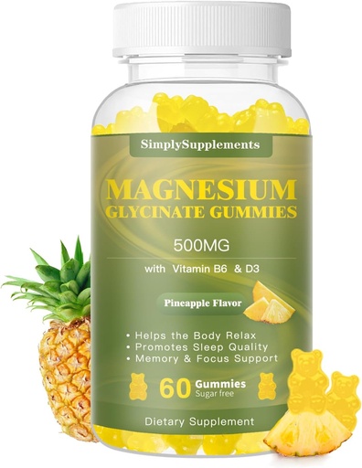 [BRSROHDQOYGWEC3J] Magnézium Glycinate Gummies 500mg, Žuvacie horčík doplnok s vitamínom D3, B6, CoQ10, pre relaxáciu, spánok a podporu nálady, Pokoj Magnézium Gummy - 60 Ananás Gummy