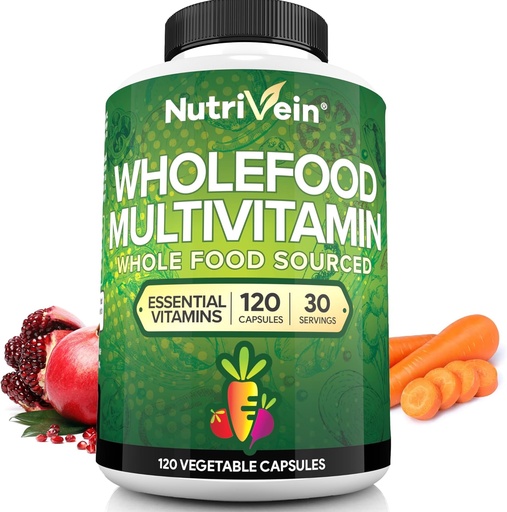 [BRSW2YA6OQDRGA36] Nutrivein Whole Food Multiвитамини за мъже и жени  по 120 Вегетариански мултивитамини Капове за възрастни по цял ден енергия, имунна и сърдечна поддръжка.