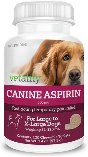 [BRSW2EDRCN7G23L7] Vetality Canine Aspirin for Dogs | Fast Pain Relief | Large to X-Large Dogs | Liver Flavor | 120 Chewable Tablets
