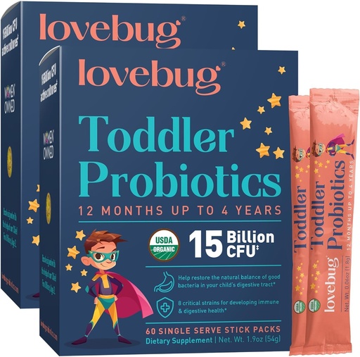 [BRSWGBAZPMBAEHIV] LOVEBUG Kids Probiotic Powder con fibra prebiótica - Toddler Inmunity Support & Constipation Relief - USDA Organic Probiotics for Childrens Gut & Digestive Health (Agos 1-4) - 60 Pack (Non desexado)