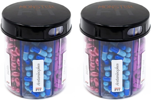 [BRSW2BIZBB5RM3I3] Monster Jr Supplement Pill Dispenser com rótulos - mantém pequenas vitaminas de medicação média e facilmente dispensa de um recipiente inclui etiquetas de compartimento (Monster Jr - 2 Pack)