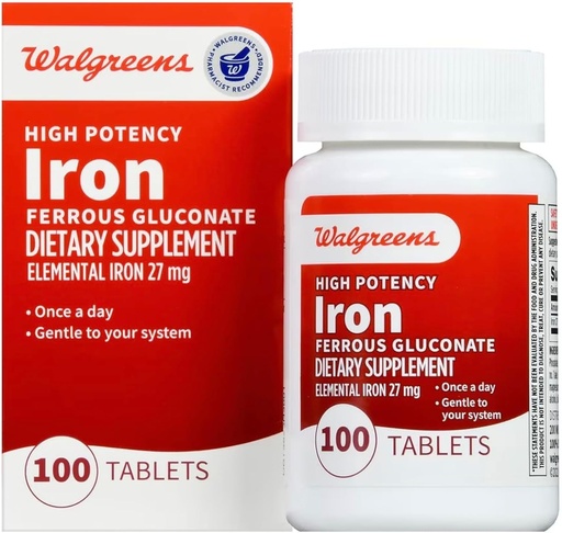 [BRSWKYI5AF6A2GQ5] Walgreens High Potency Iron Ferrous Gluconate 27 mg, tabletit, 100 ea