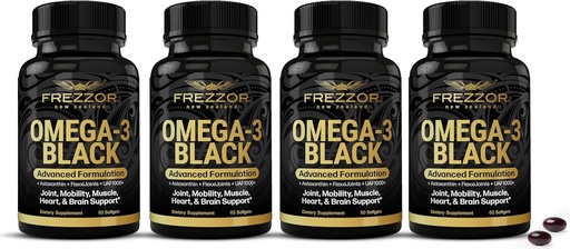 [BRSWYEAKOF6GM2QZ] FREZZOR Omega 3 Black - cea mai mare putere capsule de ulei verde cu vârf Mussel, Made in New Zealand, UAF1000+, Inflamație, Îngrijire și ajutor comun, Inimă & Asistență imună, 60 Conte (Pachet de 4)
