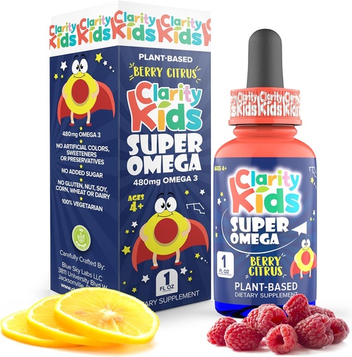 [BRSWYZT4CUCBM2Y6] Clarity Kids Super Omega DHArekin + EPA Omega 3 foku eta kalitate hoberako Algae Oil Omega 3 Liquid (1 mL zerbitzatu bakoitzeko) All Natural DHA Drops for Children USA Made Supplement (1 fl oz)