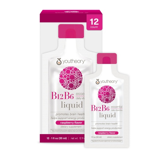 [BRSW2C33OUBAK3TK] Youtheory Vitamin B12 B6, Daily Energy and Brain Support Supplement, Liquid Raspberry Flavor, 12 – 1oz Single Serving Packets