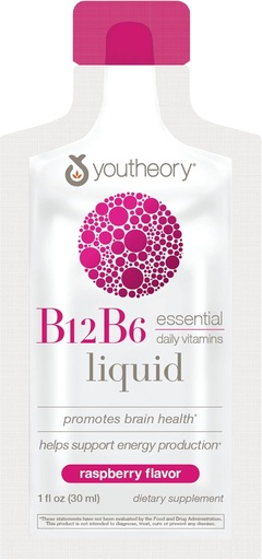 [BRSW2C33OUBAK3TK] Youtheory Vitamin B12 B6, Daily Energy and Brain Support Supplement, Liquid Raspberry Flavor, 12 – 1oz Single Serving Packets