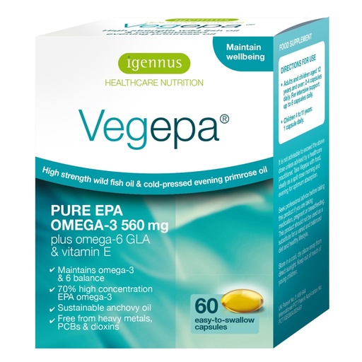 [BRSWIZI6OIBR2CA7] Igennus Vegepa Omega 3 Wild Fish Oil & Evening Primrose Oil Blend, 560 mg EPA Plus GLA, 60 Small Softgels