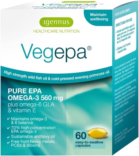 [BRSWIZI6OIBR2CA7] Igennus Vegepa Omega 3 Wild Fish Oil & Evening Primrose Oil Mix, 560 mg EPA Plus GLA, 60 Kiçik Softgels