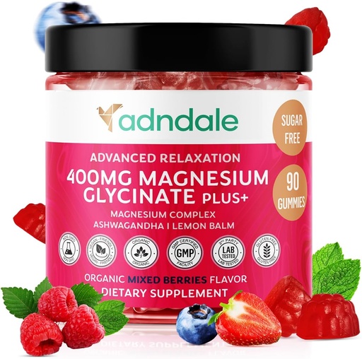 [BRSROZTYOYNAGH3V] Adndale 90 CT Magnesium Glycinate Gummies 400 mg / Serv with Ashwagandha, Magnesium Malate & Taurate, Sugar Free Chews for Dospělí a děti.