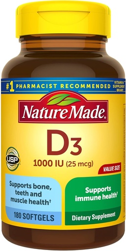 [BRSWIZQ4OAIGYCTE] Nature Made Vitamin D3 1000 IU (25 mcg), Suplemento de vitamina D para ósos, dentes, músculo e apoio á saúde inmune, 180 Softgels, 180 Day Supply
