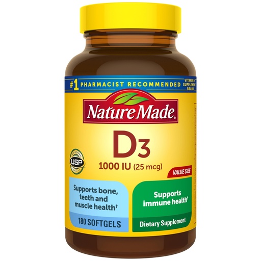 [BRSWIZQ4OAIGYCTE] Nature Made Vitamin D3 1000 IU (25 mcg), Vitamin D Supplement for Bone, Teeth, Muscle and Immune Health Support, 180 Softgels, 180 Day Supply