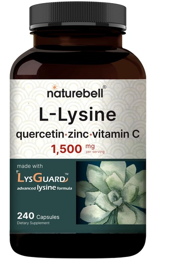 [BRSW2FD5AQIAAHL4] NatureBell L-Lysine 1,000mg Capsules + Quercetin 250mg with Vitamin C and Zinc, 240 Count | Free Form Amino Acids, L Lysine Complex | Non-GMO, Gluten Free