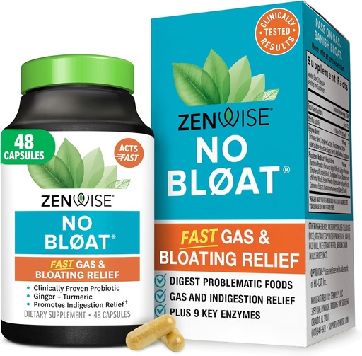 [BRSROFAHCQIGGCLV] Zenwise Health No Bloat Digestive Enzymes for Gut Health, Gas & Bloating Relief - Multi Enzymes Digestion Supplement with Probiotics, Ginger, Turmeric Dandelion & Lactase - Men & Women - 48 Count
