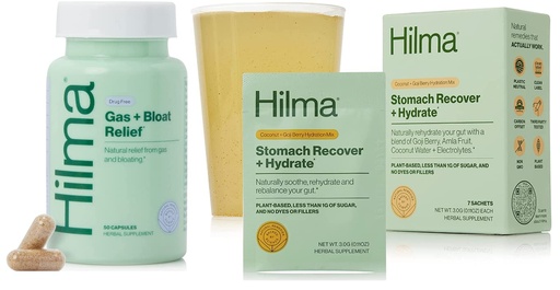 [BRSRMCATCEBA2C3K] Hilma Natural Gas & Bloating Relief and Stomach Recover + Hydrate - Organic Electrolyte Powder with Prebiotics and Gastroprotective Herbs Bundle