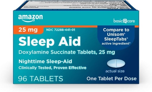 [BRSWG2YBDMCQ4HTU] Basic Care Nighttime Slaaphulp tabletten voor volwassenen, Doxylamine Succinaat 25 mg, 96 Tellen