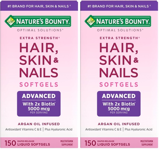[BRSRAY35DJ4GOEI2] Nature's Bounty Advanced Hair, Skin & Nails, Argan-Infused Vitamin Supplement with Biotin and Hyaluronic Acid, 150 Rapid Release Softgels (Pack of 2)