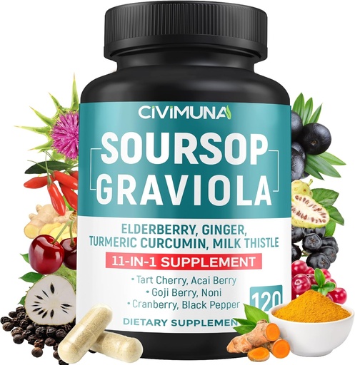 [BRSRMFACB4HRQCDF] Soursop Graviola Capsules with Elderberry, Turmeric, Ginger, Milk Thistle, Tart Cherry and More - 120 Capsules for 4 Months Supply