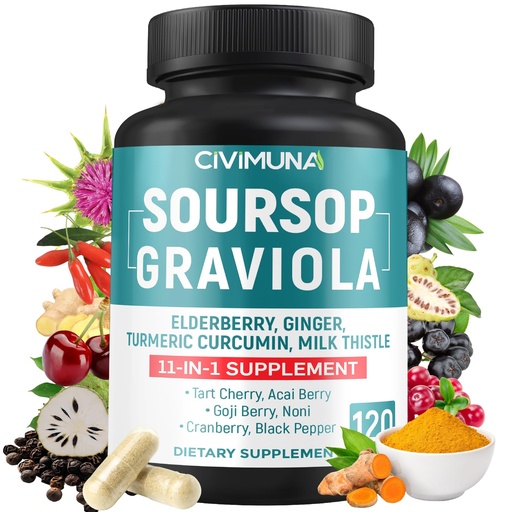 [BRSRMFACB4HRQCDF] Soursop Graviola Capsules with Elderberry, Turmeric, Ginger, Milk Thistle, Tart Cherry and More - 120 Capsules for 4 Months Supply