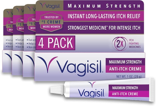 [BRSWYAY6CEMAOETH] Vagisil Maximum Strength Feminine Anti-Itch Cream with Benzocaine for Women, Helps Relieve Yeast Infection Irritation, Gynecologist Tested, Fast-acting, Soothes and Cools Skin, 1 oz (Pack of 4)