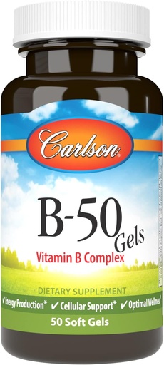[BRSWIYILCUABMDA3] Carlson - B-50 Gels, vitamín B komplex, výroba energie, podpora buniek a optimal Wellness, 50 Softgels