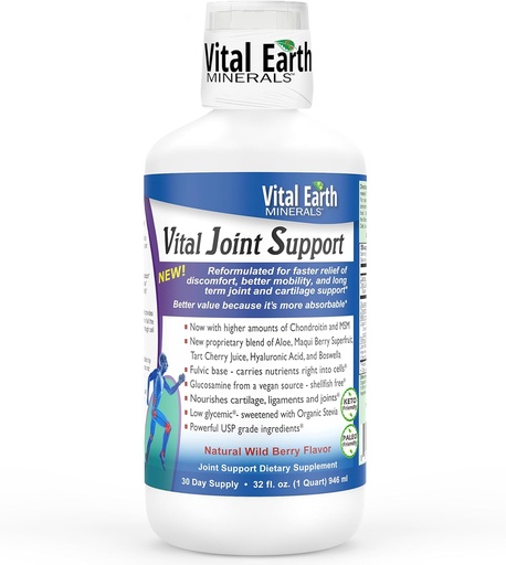 [BRSWIYYLAEAR6FTK] Vital Earth Liquid Joint Support Supplement – Glucosamine, Chondroitin, MSM Plus Hyaluronic Acid, Boswellia & Fulvic Acid (70+ Trace Minerals), 32 Oz + 1 Oz Cup