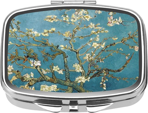 [BRSW2BI7BN5ROHTA] Dinippy Pill Case Pill Box with Mirror Retro Pocket 2 Compartment Medicine Case Bitamina Pill Antolatzailea Pocket Purse eta Bidaiarako (Silver-Almond Blossom)