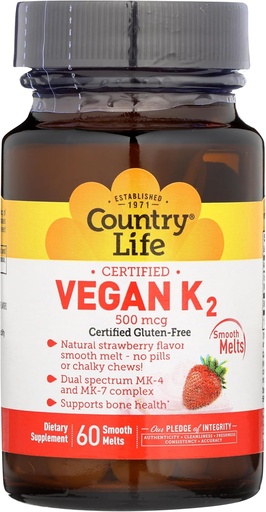 [BRSWIGDZBEBGIAY7] Country Life Vegan Vitamin K2, 500 mcg, Dual Spectrum MK-4 and MK-7 Complex, Supports Bone & Teeth Health, 60 Chewable Tablets, Strawberry Flavor