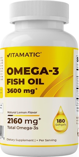 [BRSRAZDQPJ6Q4YAZ] Vitamatic Triple Strength Omega 3 Fish Oil 3600mg Per Serving, 2160mg Omega 3 Fatty Acids, 1296mg EPA + 864mg DHA, Burpless Lemon Flavor, 180 Softgels