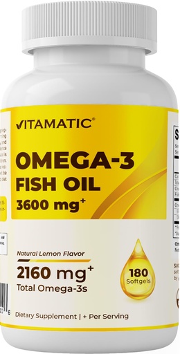 [BRSRAZDQPJ6Q4YAZ] Vitamatic Triple Strength Omega 3 Fish Oil 3600mg Per Serving, 2160mg Omega 3 Fatty Acids, 1296mg EPA + 864mg DHA, Burpless Lemon Flavor, 180 Softgels