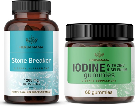 [BRSRAGAEA4MQAFDJ] HERBAMAMA Stone Breaker and Iodine Kit - Bundle of 1200 mg Stone Breaker Capsules & Potassium Iodine Gummies - Vegan, Non-GMO, Gelatin-Free - 2 Pack