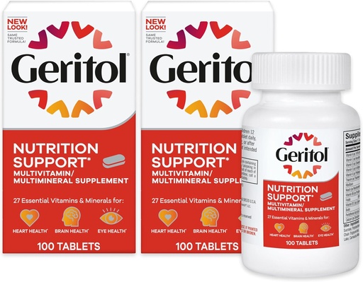 [BRSWGAYDBABQ2HL7] Geritol, Suplemento multivitamínico, contén vitamina B, antioxidantes, vitaminas C, E & D e ferro, 26 vitaminas e minerais esenciais, Gluten-Free, Non-GMO, non edulcorantes artificiais, 100 tabletas - 2ct