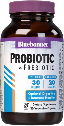 [BRSWKHYIOF5A423Z] Bluebonnet Nutrition Probiotique et prébiotique, 30 milliards d'UFC par portion, soutient les immunes et les aides à la santé digestive, sans gluten, sans OGM, 30 comtes