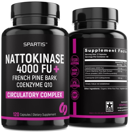 [BRSRO2QCBEFQG3YZ] SPARTIS Nattokinase Supplement 4000 FU CoQ10 100mg French Maritime Pine Bark Extract 200mg with Enzymes for Circulatory & Cardiovascular Support (Pack of 1 at 120-Caps)