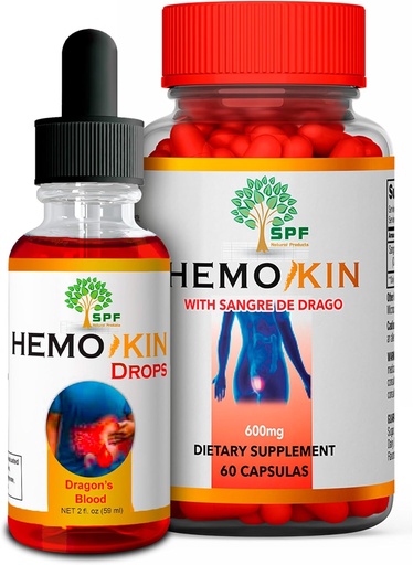 [BRSRAGQ5OEIWMYIY] HEMOKIN Kapseln & SPF HEMOKIN Tropfen mit Sangre de Drago | Hämorrhoid, Fissure & Wound Relief | Reduziert Juckreiz, Schwellung, Schmerz | Verdauungs- und Heilungsunterstützung | 60 Caps + 2 Oz