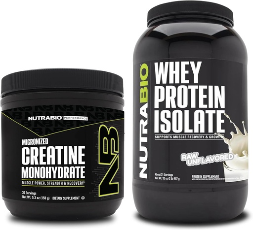 [BRSRAZ34O4MQYYI2] NutraBio Monohidrato de Creatina, Desflavorado, 150g y Whey Protein Isolate, Desflavorado, Suplemento Bundle - Energía muscular, Crecimiento muscular magro, recuperación y fuerza