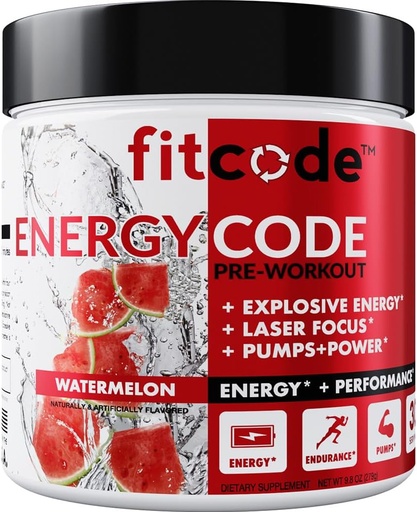 [BRSROHQNDIARYCLJ] fitcode EnergyCode - Wstępne ćwiczenia z proszkiem krewnym - Energia & Napoje wydajności - Wytrzymałość mięśni i suplement Endurance - Zawiera kofeinę - 30 Słupki - Arbuz