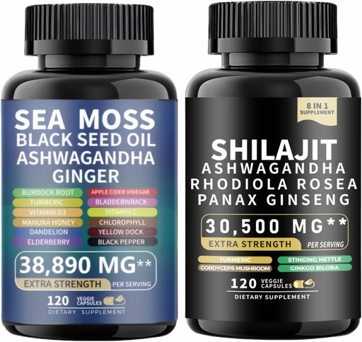 [BRSRAGAHA4HWEELX] Sea Moss and shilajit Sea Moss Black Seed Oil Ashwagandha Ginger&shilajit rhodiola rosea panax Ginseng (120 Count (Pack of 2))