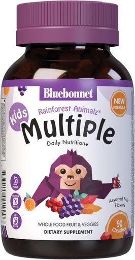 [BRSWIZQ6CN5RSH3Y] Bluebonnet Nutrement Rainforest Animalz Whole Food Based Multibible Tablet, Kids Multivitamin & Mineral, Vitamin C, D3, Iron, Gluten Free, Milk Free, Kosher, 90 Chelable Tablet, Mixed Flavors
