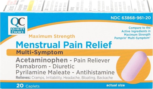 [BRSWYC3QOVYGKELU] Quality Choice Maximum Strength Mentrual Pain Relief, Multi Symptom Pain Relief Caplets, Cramps, Headache, Bloating, Backache & Irritability, 20 Count Package