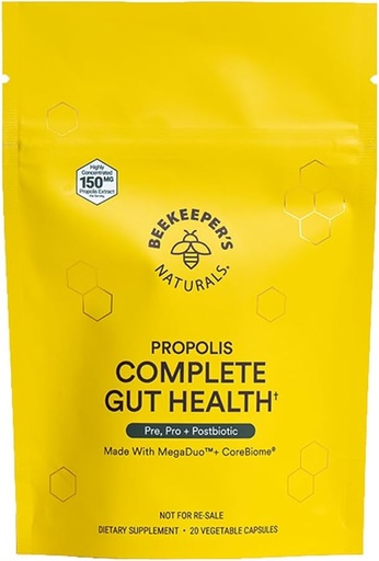 [BRSRO2TRCIPRADTJ] Beekeeper's Naturals Complete Gut Health, 3-in-1 Prebiotic, Postbiotic, Probiotics for Digestive Health & Bloating Relief for Women & Men, Propolis Powered, Gluten-Free Vegan Capsules, 20ct