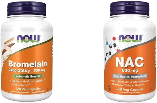 [BRSROCYKPJYA2334] NOW Supplements, Bromelain 2,400 GDU/g - 500 mg, Natural Proteolytic Enzyme*, 120 Veg Capsules & Supplements, NAC 600 mg with Selenium & Molybdenum, 250 Veg Capsules