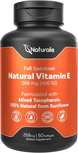 [BRSW2AYBAUGRGH35] Naturalis Sunflower Vitamin E 268mg (400 IU) with Mixed Tocopherols | Essential Skin Vitamin & Immune Support | Non-GMO, Soy & Gluten Free | 60 Softgels