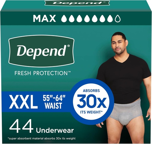 [BRSWYAYFBYBRUCQ7] Protección fresca abierta Diapers adultos, ropa interior de incontinencia para hombres, desechable, máximo, extra-extra-large, gris, 44 cuenta (2 paquetes de 22), Embalaje mayo Vary