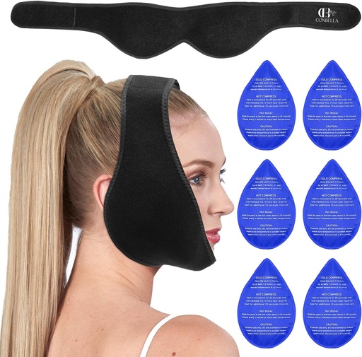 [BRSRAZTYAAIBGHLL] Wisdom Teeth Ice Pack Head Wrap, Face Ice Pack for Wisdom Teeth, Jaw Ice Pack for Face Oral Surgery with 6 Hot Cold Gel Pack for TMJ Pain Relief, Tooth Extraction, Tonsillectomy Recovery-Black
