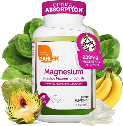 [BRSWYYIQOV6Q42DH] Zahler - Magnesium Supplement Capsules 200 mg (250 Count) Certified Kosher Bioactive Magnesium Citrate for Max Absorption - Natural Magnesium Mineral for Men & Women - Best Magnesium Supplements