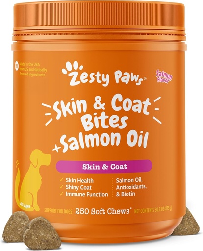 [BRSW2EL3CF5QACD6] Zesty Paws Salmon Oil for Dogs - Skin & Coat Chews, Salmon, 250 Ct