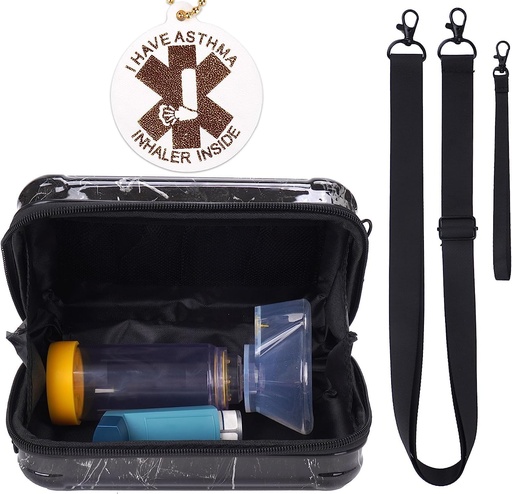 [BRSROYILAEFW2AA2] MGZNMTY Travel Carrying Case for Asthma Inhaler, Inhaler Spacer for Kids and Adults, Masks, Holder Bag with Shoulder Crossbody Rope and Mesh Pocket for Medicine (Only Case) (Black Marble)