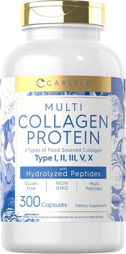 [BRSWYHARDEMGMDTV] Carlyle Multi Collagen Protein Capsules 2000mg | 300 Count | Type I, II, III, V, X | Collagen Peptide Pills | Keto & Paleo Friendly, Gluten Free, Non-GMO Supplement